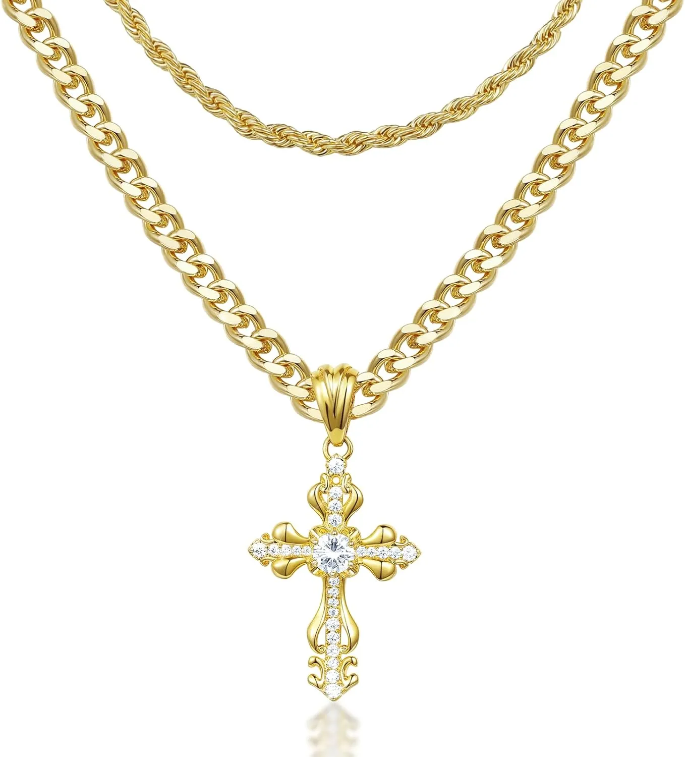 KissYan Layered Cross Necklace for Women, 14K Gold Plated Cubic Zirconia Pendant Necklaces Cross Faith Necklaces, Gold Cross Choker Trendy Jewelry Gifts for Women