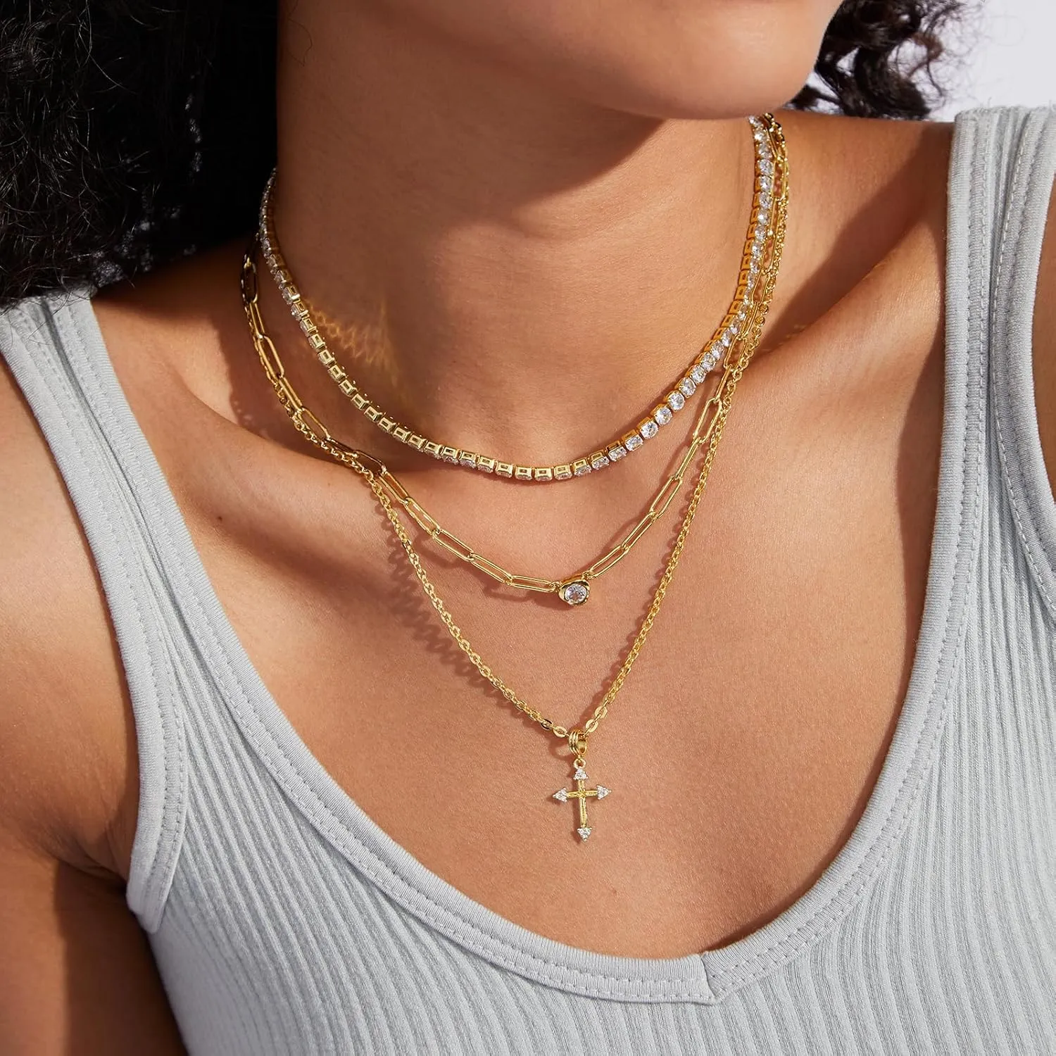 KissYan Layered Cross Necklace for Women, 14K Gold Plated Cubic Zirconia Pendant Necklaces Cross Faith Necklaces, Gold Cross Choker Trendy Jewelry Gifts for Women