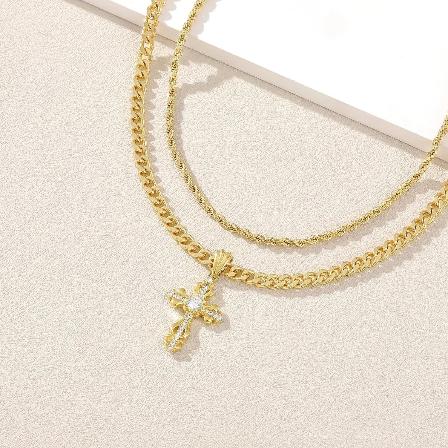 KissYan Layered Cross Necklace for Women, 14K Gold Plated Cubic Zirconia Pendant Necklaces Cross Faith Necklaces, Gold Cross Choker Trendy Jewelry Gifts for Women