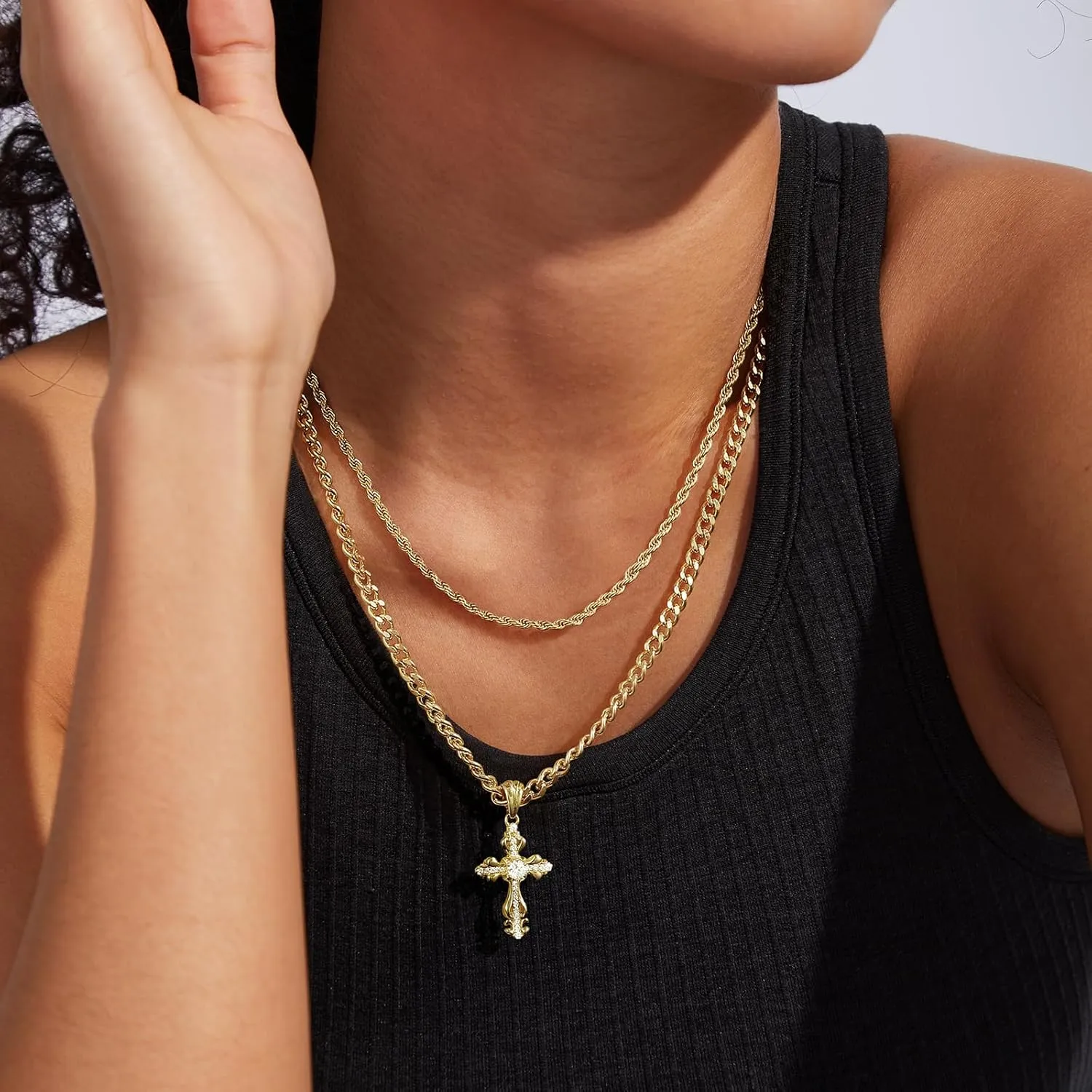 KissYan Layered Cross Necklace for Women, 14K Gold Plated Cubic Zirconia Pendant Necklaces Cross Faith Necklaces, Gold Cross Choker Trendy Jewelry Gifts for Women