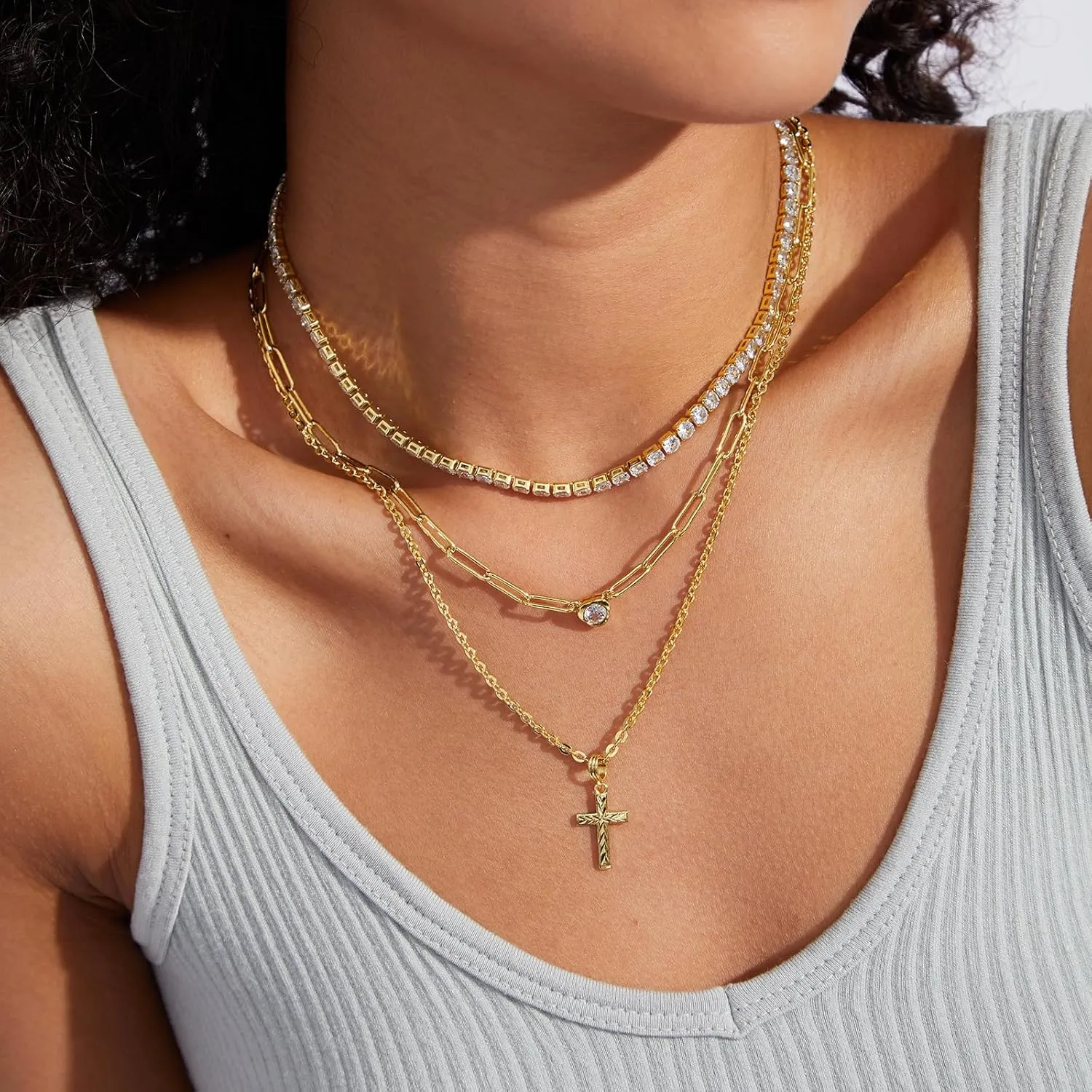 KissYan Layered Cross Necklace for Women, 14K Gold Plated Cubic Zirconia Pendant Necklaces Cross Faith Necklaces, Gold Cross Choker Trendy Jewelry Gifts for Women