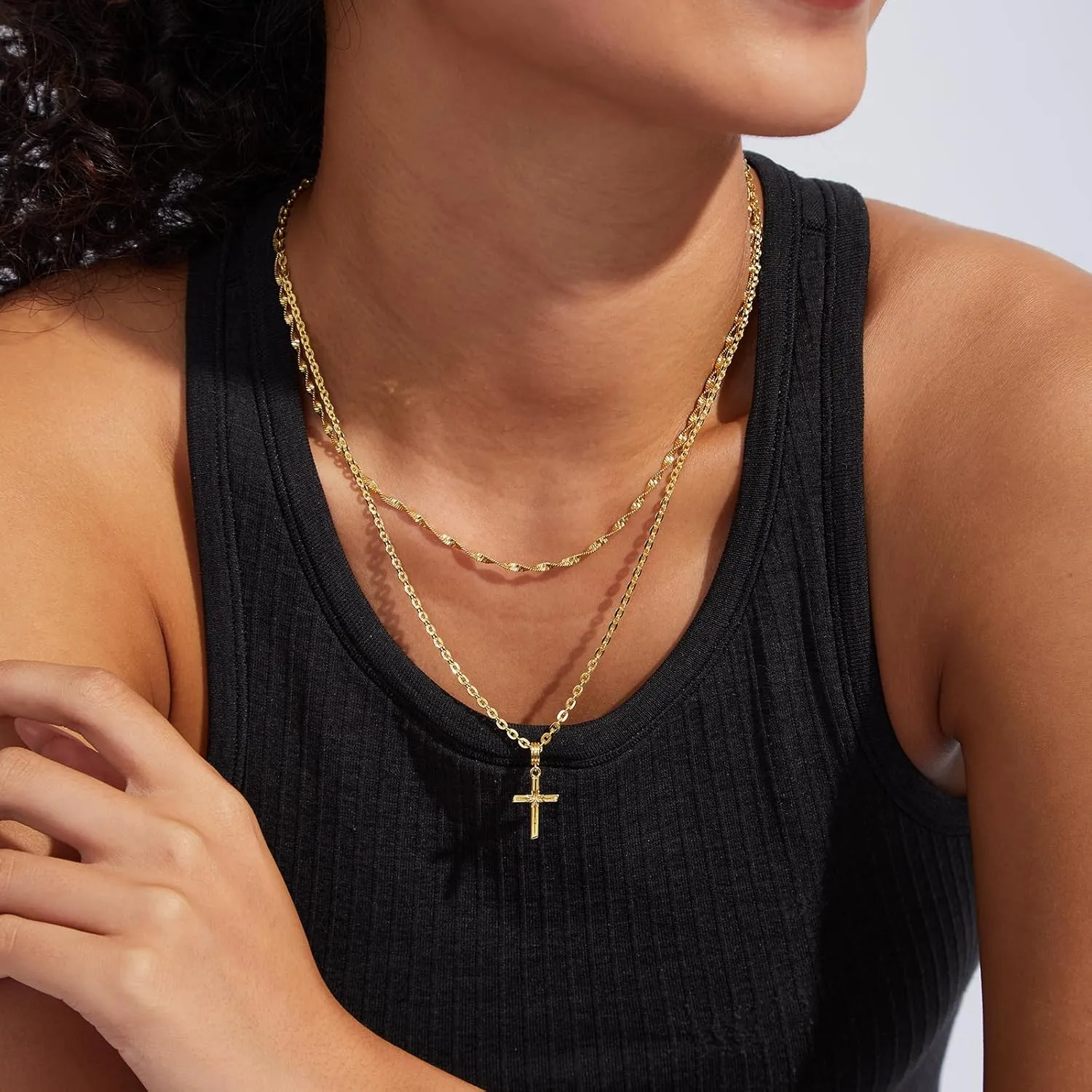 KissYan Layered Cross Necklace for Women, 14K Gold Plated Cubic Zirconia Pendant Necklaces Cross Faith Necklaces, Gold Cross Choker Trendy Jewelry Gifts for Women