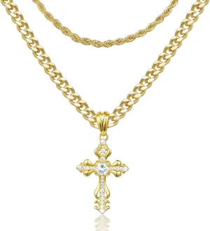 KissYan Layered Cross Necklace for Women, 14K Gold Plated Cubic Zirconia Pendant Necklaces Cross Faith Necklaces, Gold Cross Choker Trendy Jewelry Gifts for Women