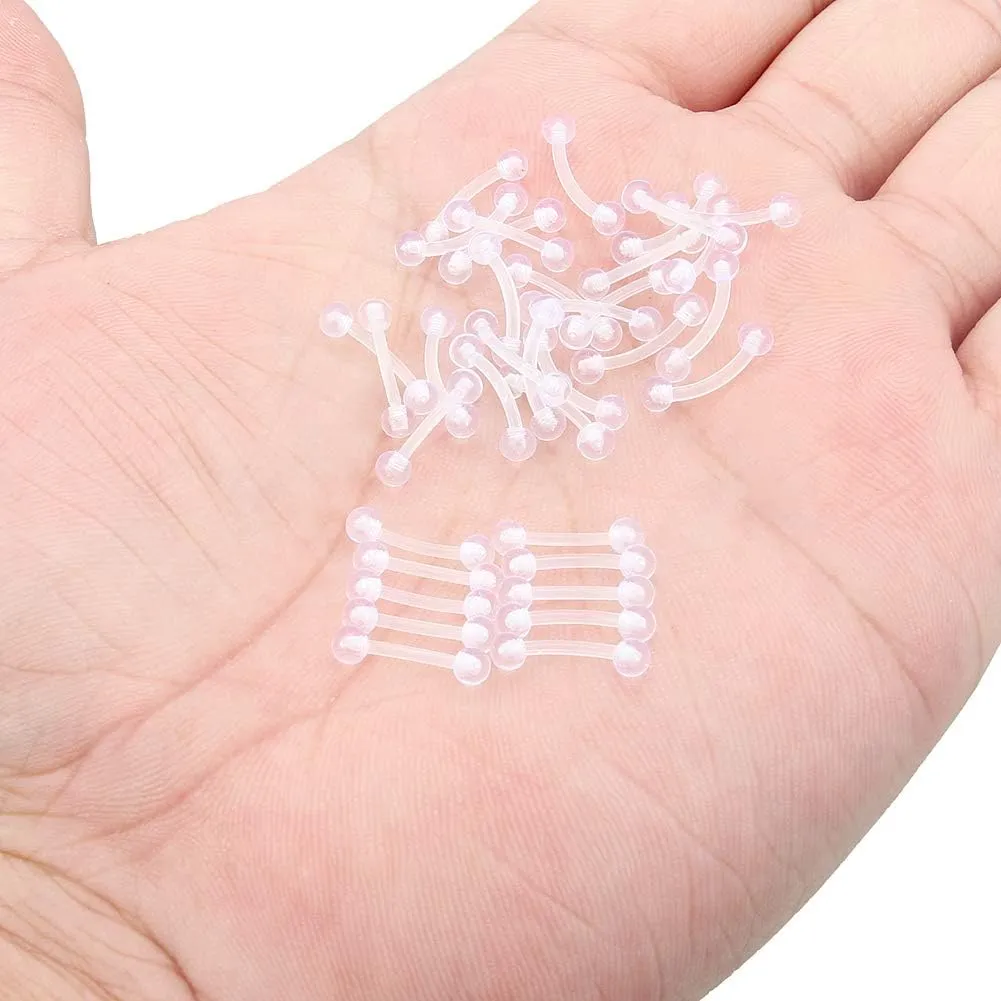 Kridzisw 16G Clear Plastic Curved Barbells Eyebrow Ring Snake Eyes Tongue Rings Acrylic Bioflex Cartilage Helix Tragus Earrings Nipple Belly Lip Ring Piercing Retainer Length 6mm 8mm 10mm 12mm 36pcs