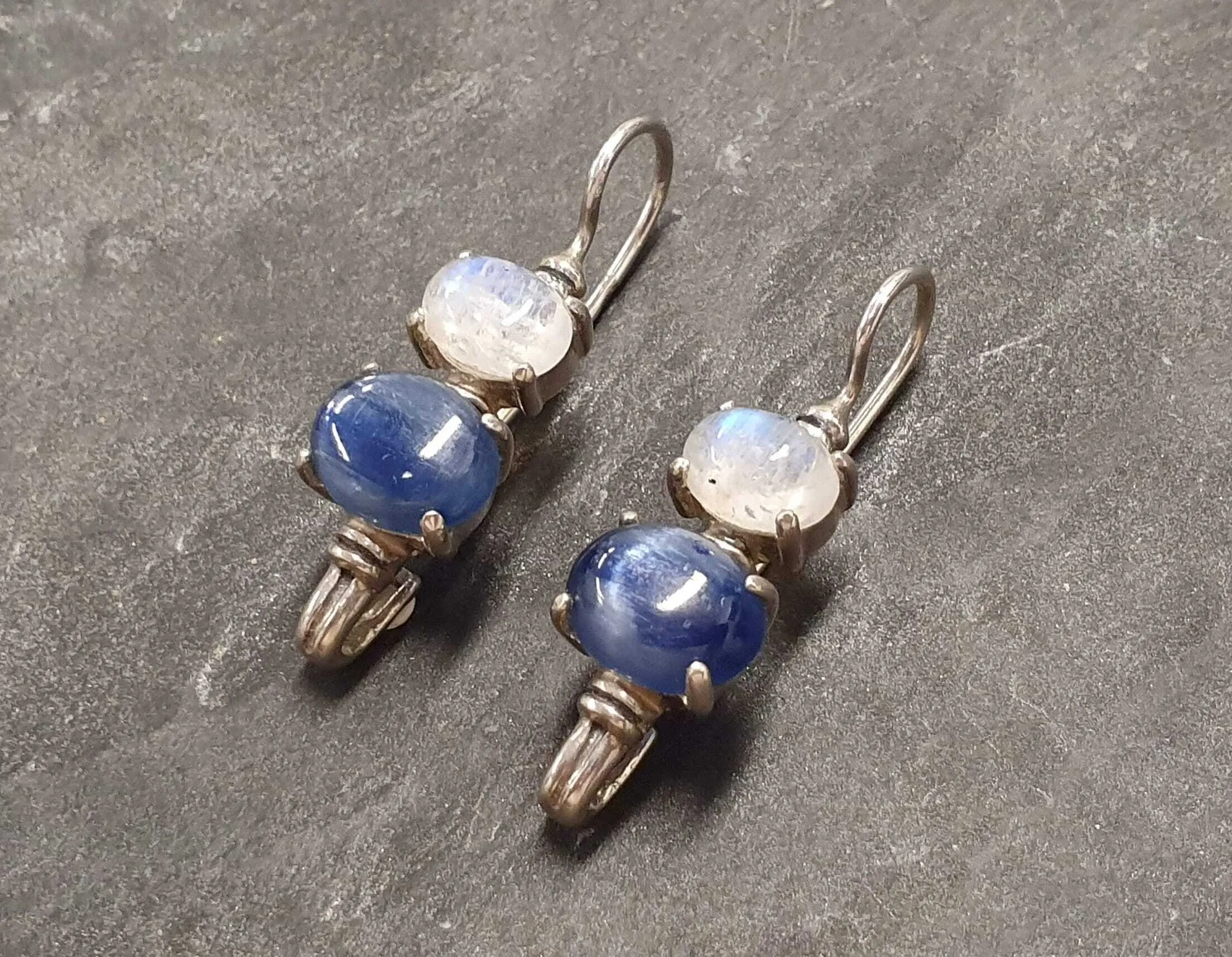 Kyanite Earrings - Blue Drop Earrings - Moonstone Long Earrings