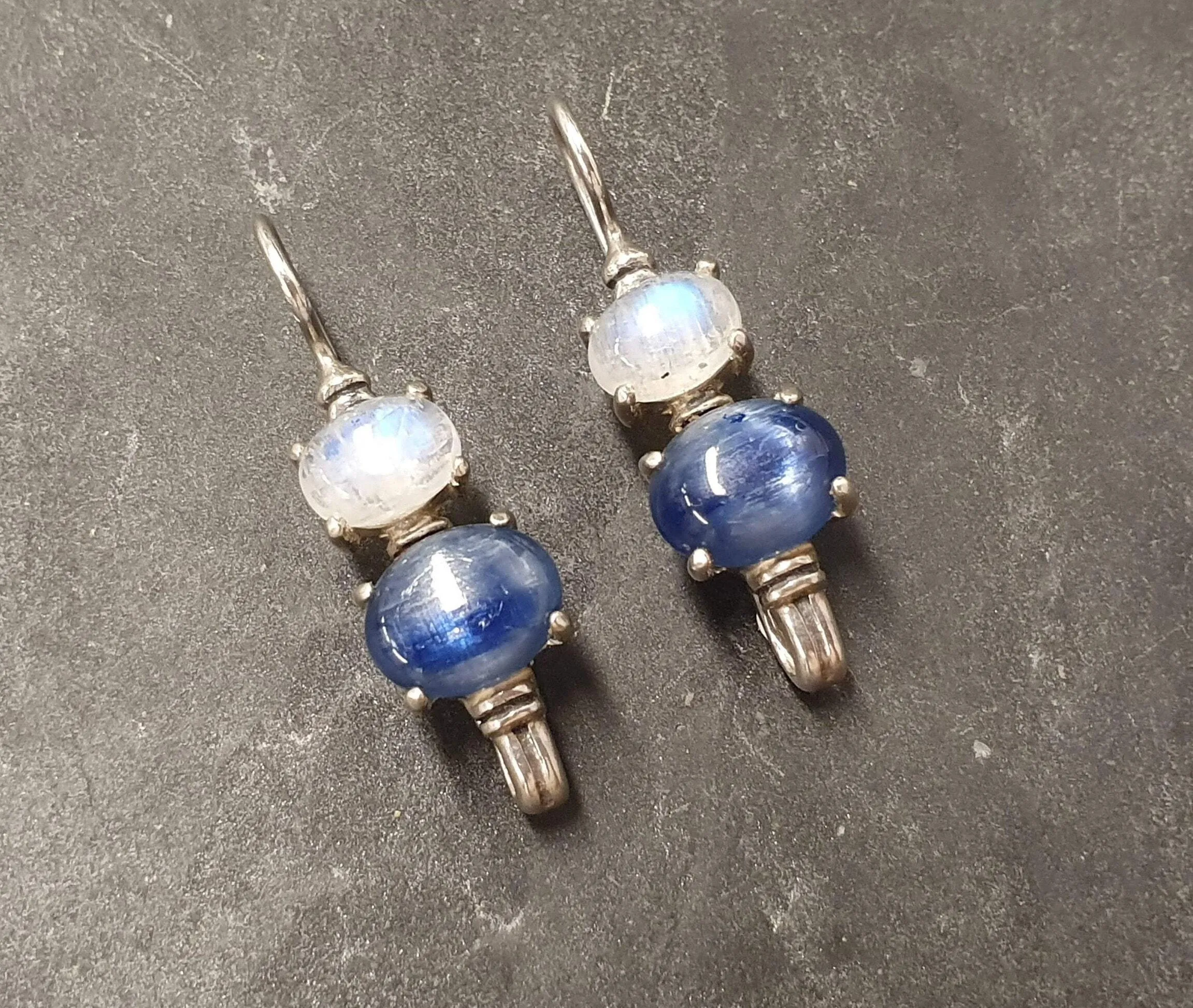 Kyanite Earrings - Blue Drop Earrings - Moonstone Long Earrings