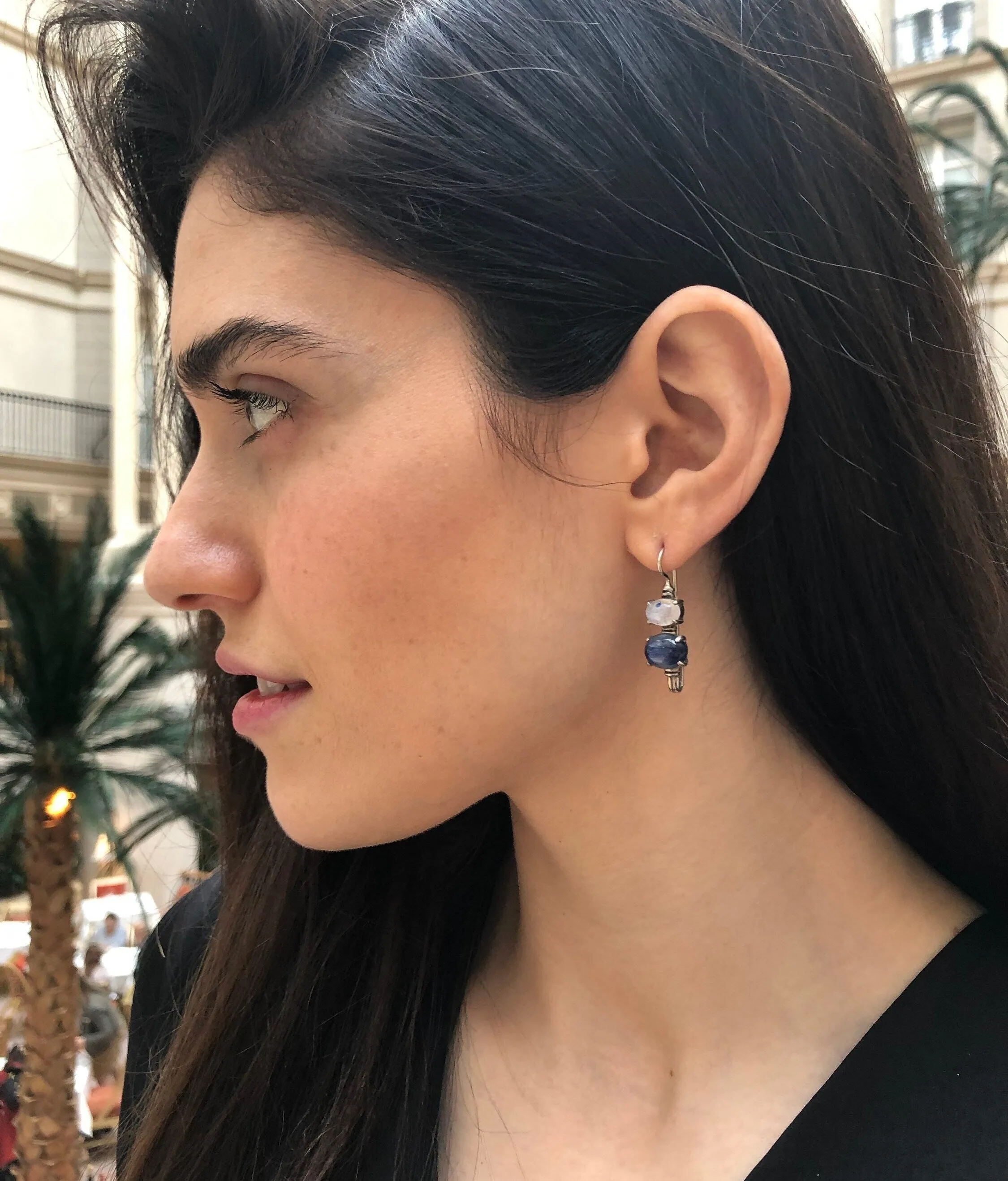 Kyanite Earrings - Blue Drop Earrings - Moonstone Long Earrings