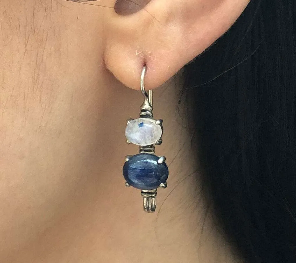 Kyanite Earrings - Blue Drop Earrings - Moonstone Long Earrings