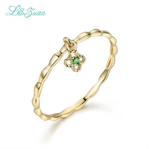 L&Zuan 14K Yellow Gold Natural Green Gemstone Small Flower Simple Party Ring Wedding Bands Trendy Jewelry For Women 0012-2