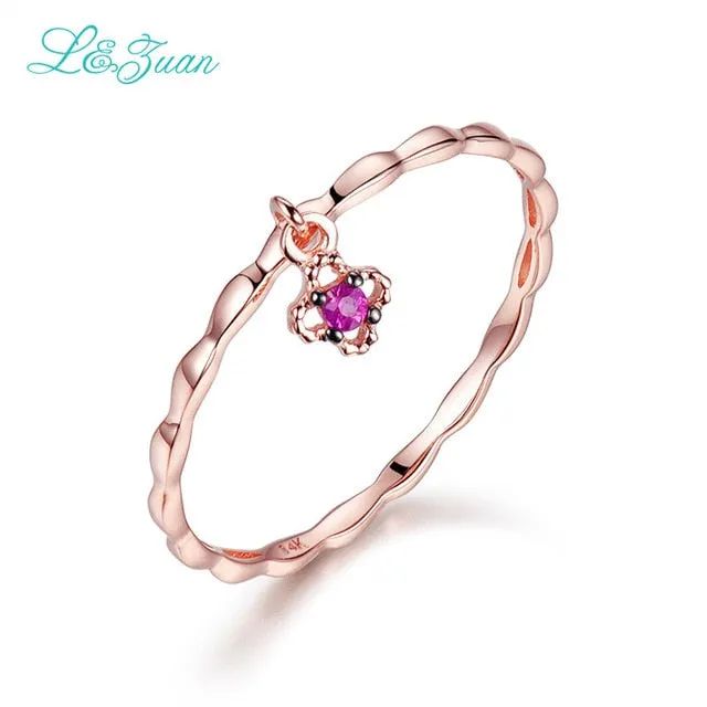 L&Zuan 14K Yellow Gold Natural Green Gemstone Small Flower Simple Party Ring Wedding Bands Trendy Jewelry For Women 0012-2