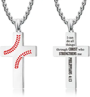 LAOYOU Baseball Cross Necklaces For Men Teenager, Stainless Steel Baseball Necklaces with Inspirational Bible Verse Quote Religious Gifts Silver/Black/Gold