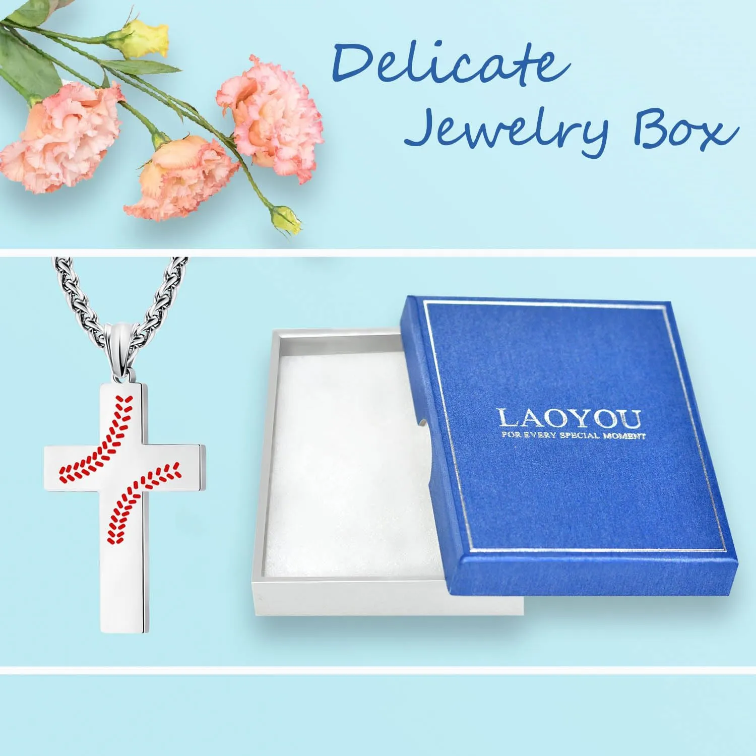 LAOYOU Baseball Cross Necklaces For Men Teenager, Stainless Steel Baseball Necklaces with Inspirational Bible Verse Quote Religious Gifts Silver/Black/Gold