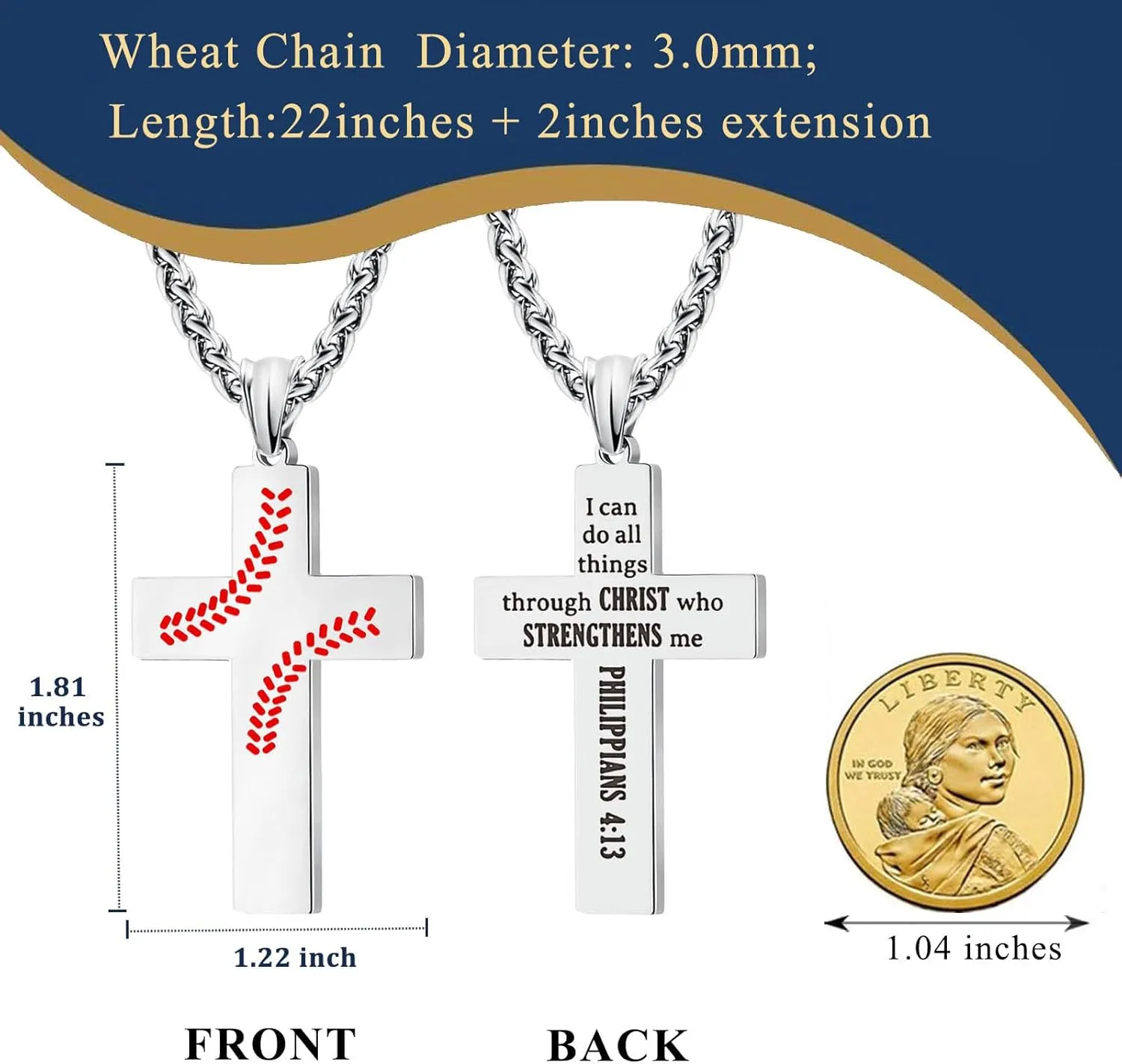 LAOYOU Baseball Cross Necklaces For Men Teenager, Stainless Steel Baseball Necklaces with Inspirational Bible Verse Quote Religious Gifts Silver/Black/Gold