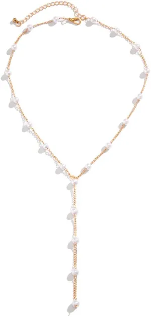 Lariat Necklace Gold Beaded Necklace Long Necklaces for Women Pearl Ball Necklace Y-Shaped Pendant Necklace Trendy Gold Jewelry for Women