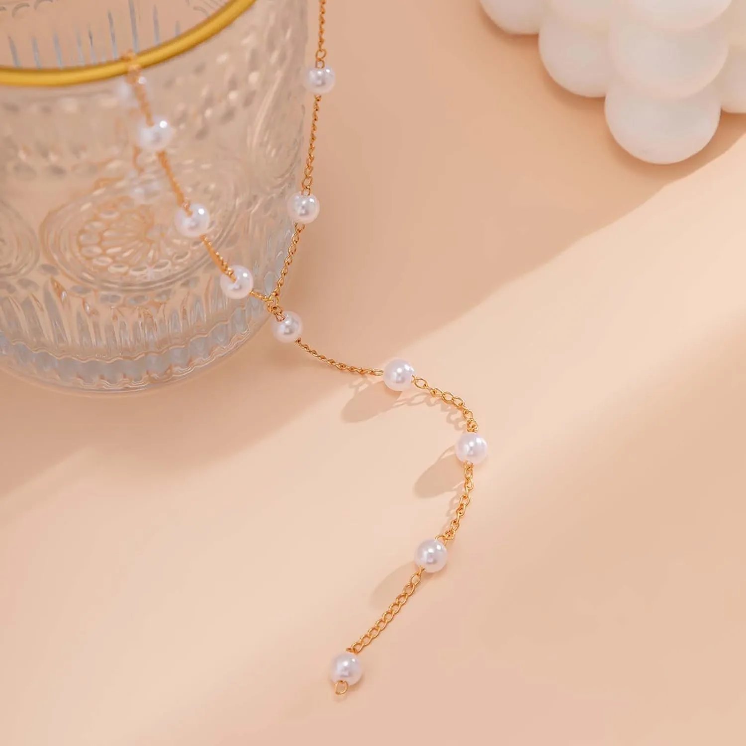 Lariat Necklace Gold Beaded Necklace Long Necklaces for Women Pearl Ball Necklace Y-Shaped Pendant Necklace Trendy Gold Jewelry for Women
