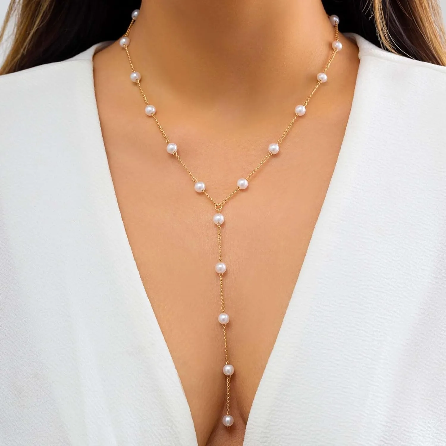 Lariat Necklace Gold Beaded Necklace Long Necklaces for Women Pearl Ball Necklace Y-Shaped Pendant Necklace Trendy Gold Jewelry for Women
