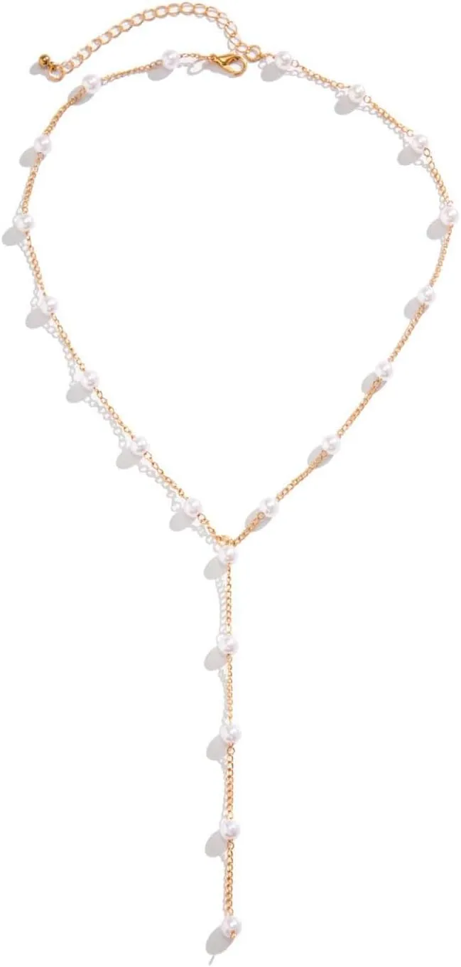 Lariat Necklace Gold Beaded Necklace Long Necklaces for Women Pearl Ball Necklace Y-Shaped Pendant Necklace Trendy Gold Jewelry for Women