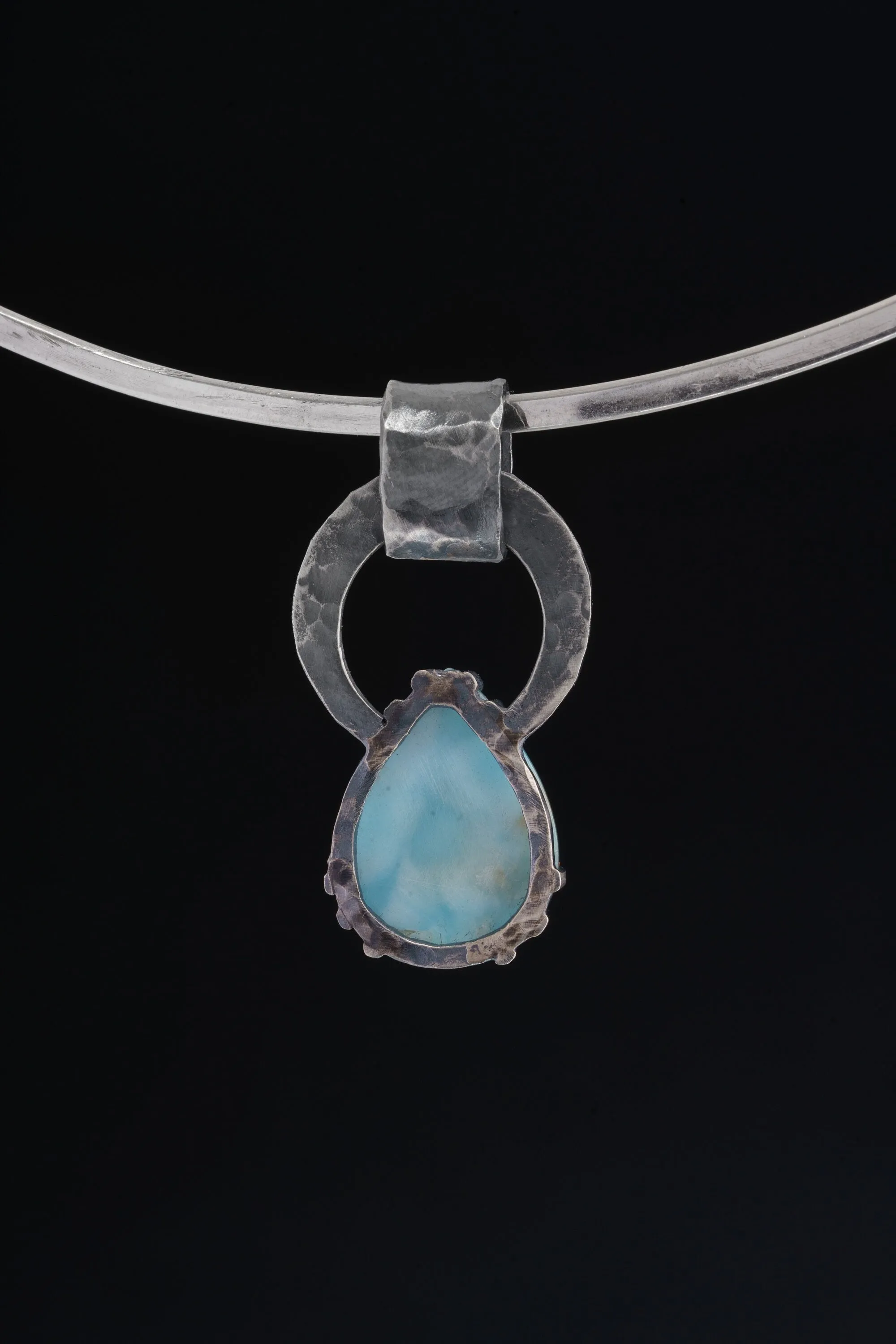 Larimar & Blue Moonstone - Oxidised Hammered Sterling Silver - Claw Set Pendant