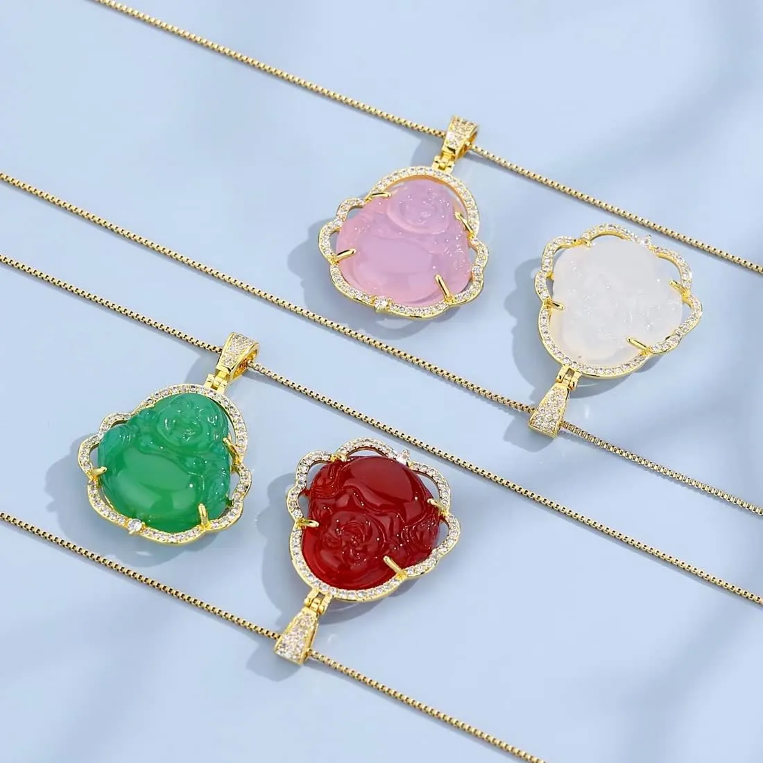 Laughing Buddha Necklace for Women & Men Pink Green Jade Buddha Chain Pendant with 18k Gold Plated Chain Iced Out Bling Cubic Zirconia Lucky Necklace Jewelry Gift