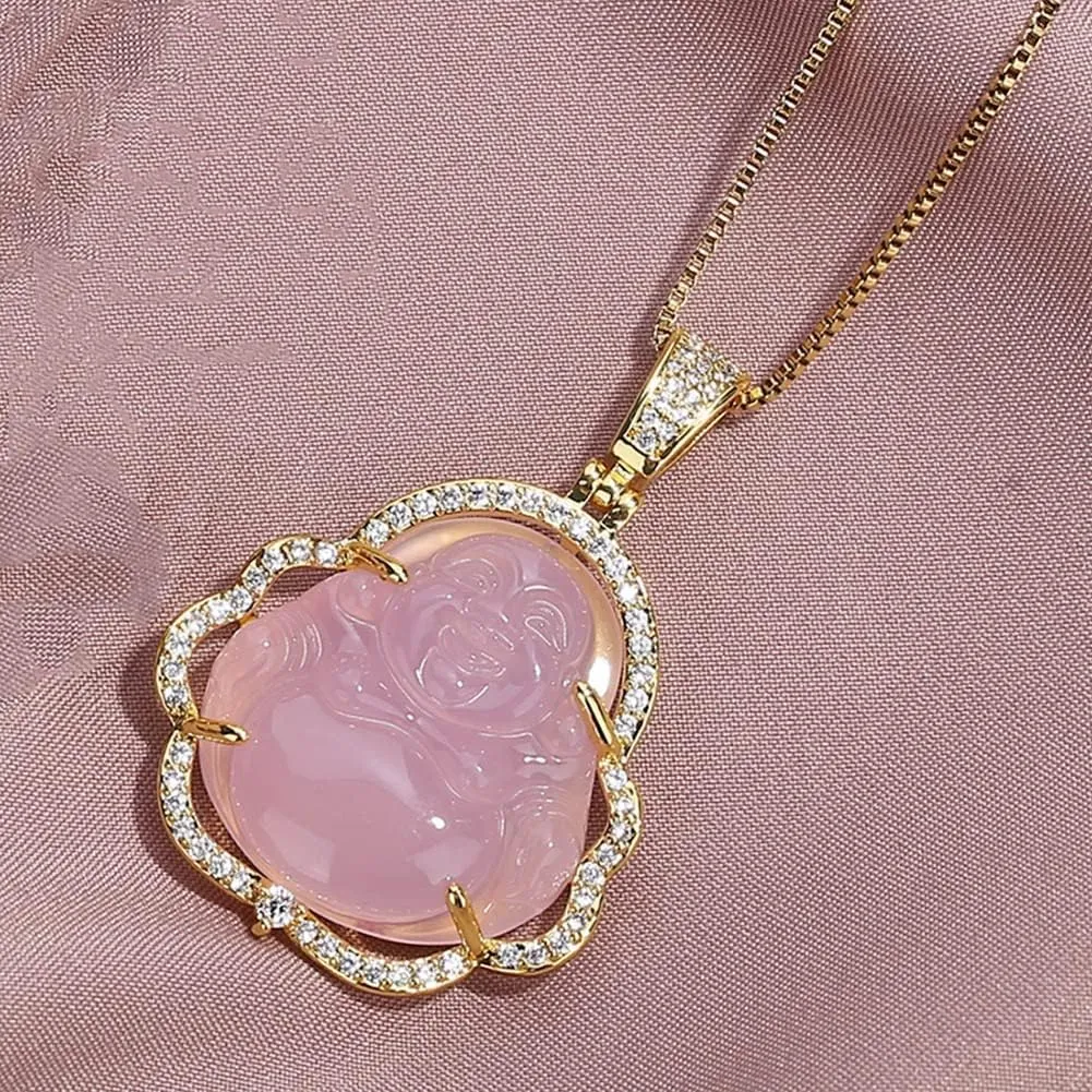 Laughing Buddha Necklace for Women & Men Pink Green Jade Buddha Chain Pendant with 18k Gold Plated Chain Iced Out Bling Cubic Zirconia Lucky Necklace Jewelry Gift