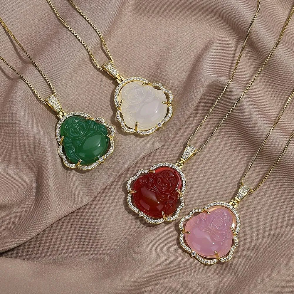 Laughing Buddha Necklace for Women & Men Pink Green Jade Buddha Chain Pendant with 18k Gold Plated Chain Iced Out Bling Cubic Zirconia Lucky Necklace Jewelry Gift