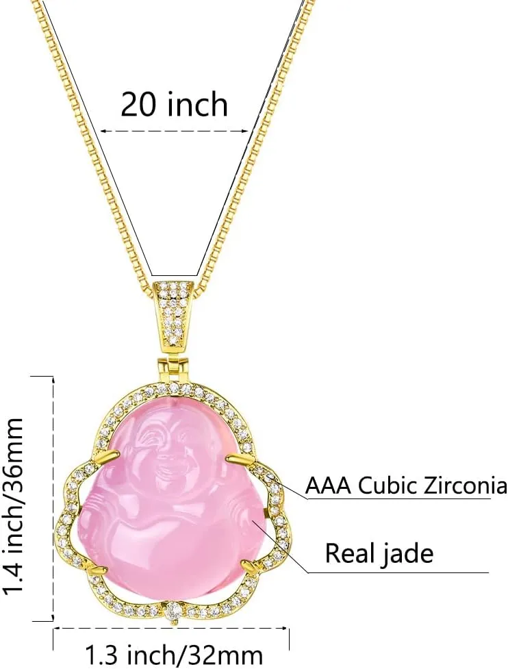 Laughing Buddha Necklace for Women & Men Pink Green Jade Buddha Chain Pendant with 18k Gold Plated Chain Iced Out Bling Cubic Zirconia Lucky Necklace Jewelry Gift