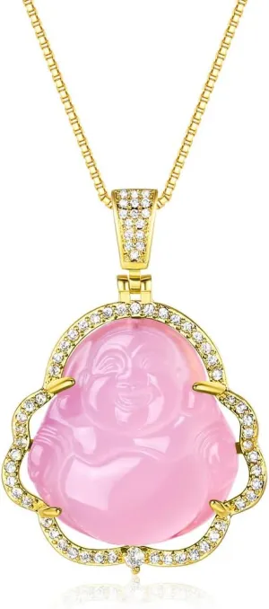 Laughing Buddha Necklace for Women & Men Pink Green Jade Buddha Chain Pendant with 18k Gold Plated Chain Iced Out Bling Cubic Zirconia Lucky Necklace Jewelry Gift
