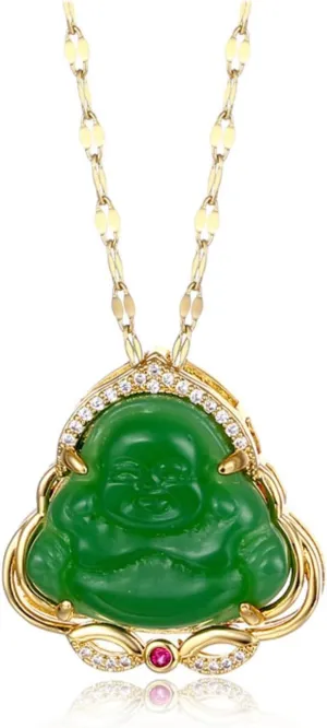 Laughing Buddha Pendant Necklace 18k Gold Plated Jade Smiling Buddha Chain Bling Necklace Dainty Gemstone Lucky Amule Amulet Jewelry for Women Men