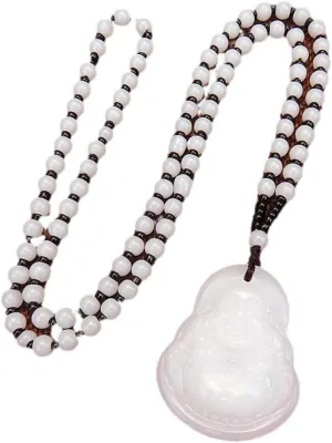 Laughing Buddha Pendant Necklace Imitate Jade Glass Beaded Buddha Guanyin Necklace Lucky Amulet Jewelry