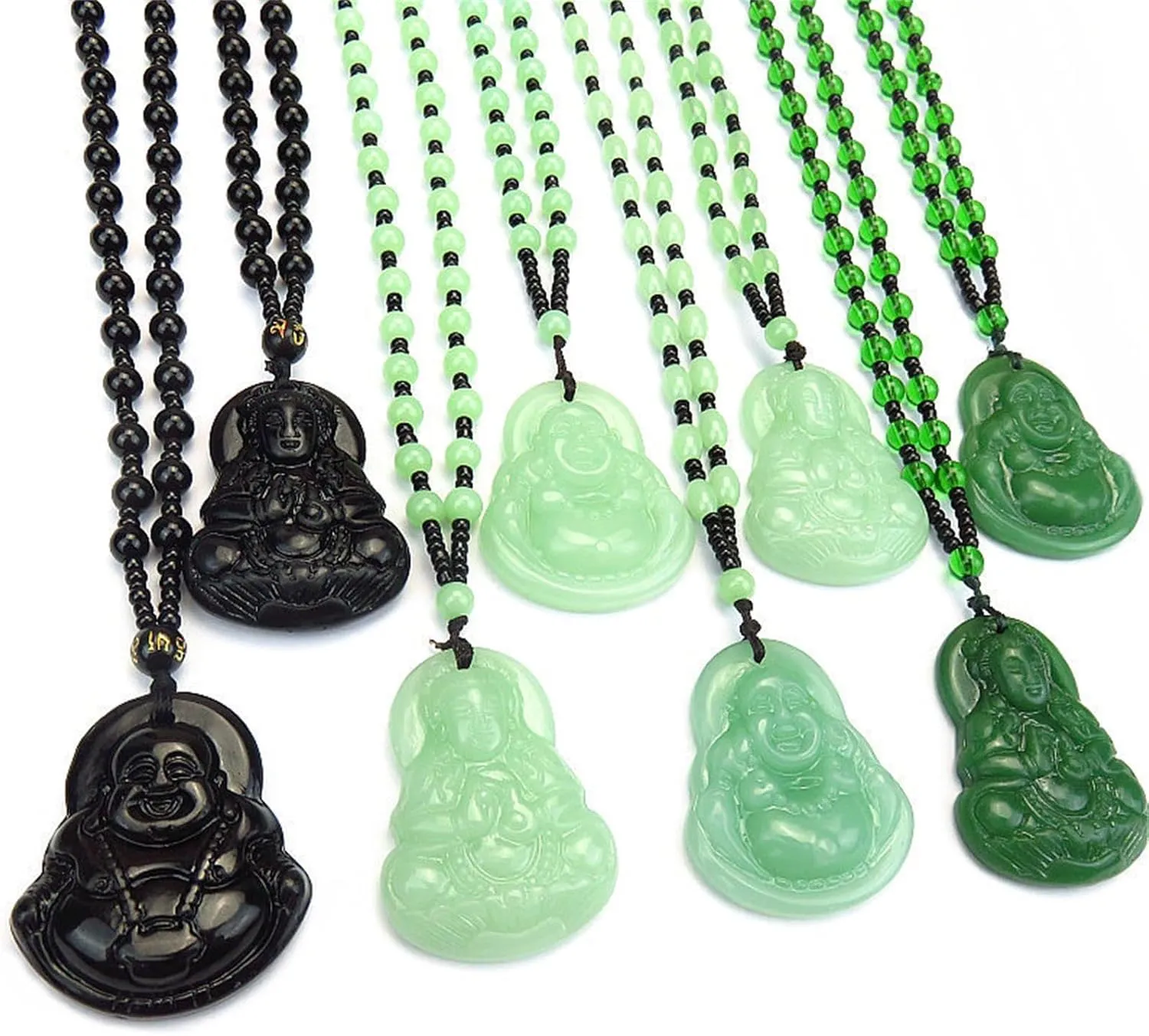 Laughing Buddha Pendant Necklace Imitate Jade Glass Beaded Buddha Guanyin Necklace Lucky Amulet Jewelry