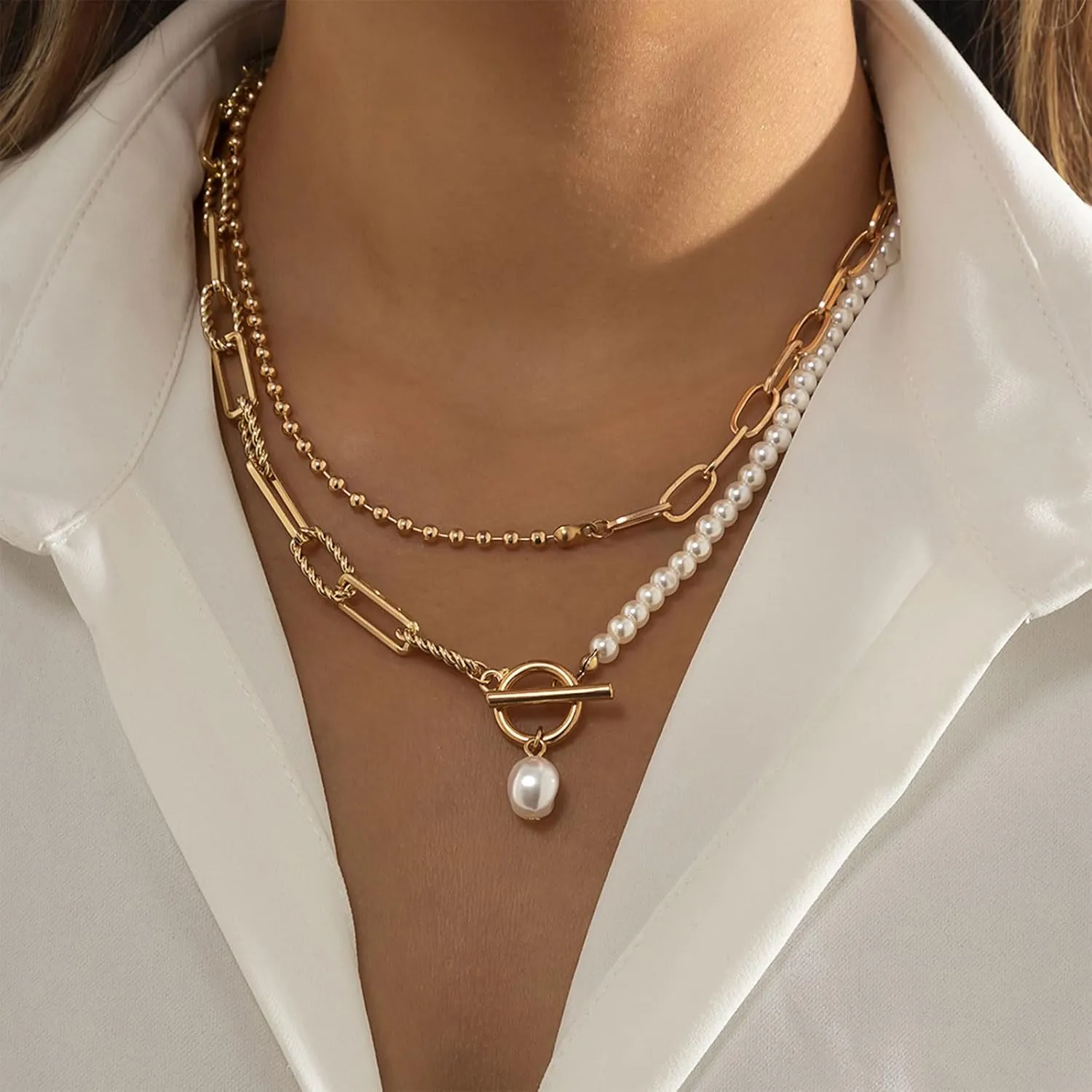 Layered Chunky Necklaces for Women Pearl Charm Necklace Summer Outfits for Women 2024 Bohemian Jewelry