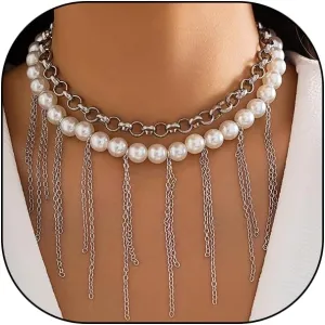 Layered Chunky Pearl Choker Necklace for Women Vintage Silver Cuban Chain Tassel Necklace Fashion Bead Jewelry Double Layer Statement Necklace