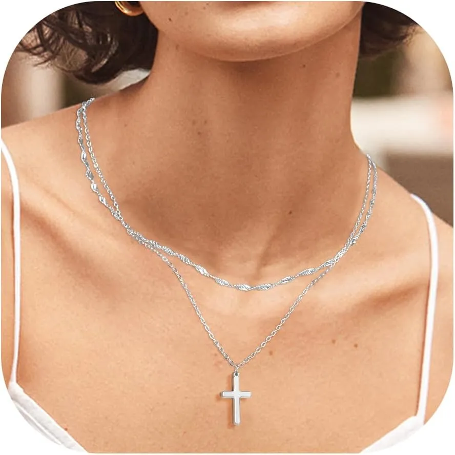Layered Cross Necklace for Women,14K Gold Plated/Sterling Silver Plated Choker Necklaces for Women Stack Simple Cross Pendant Necklaces Jewelry for Women Trendy