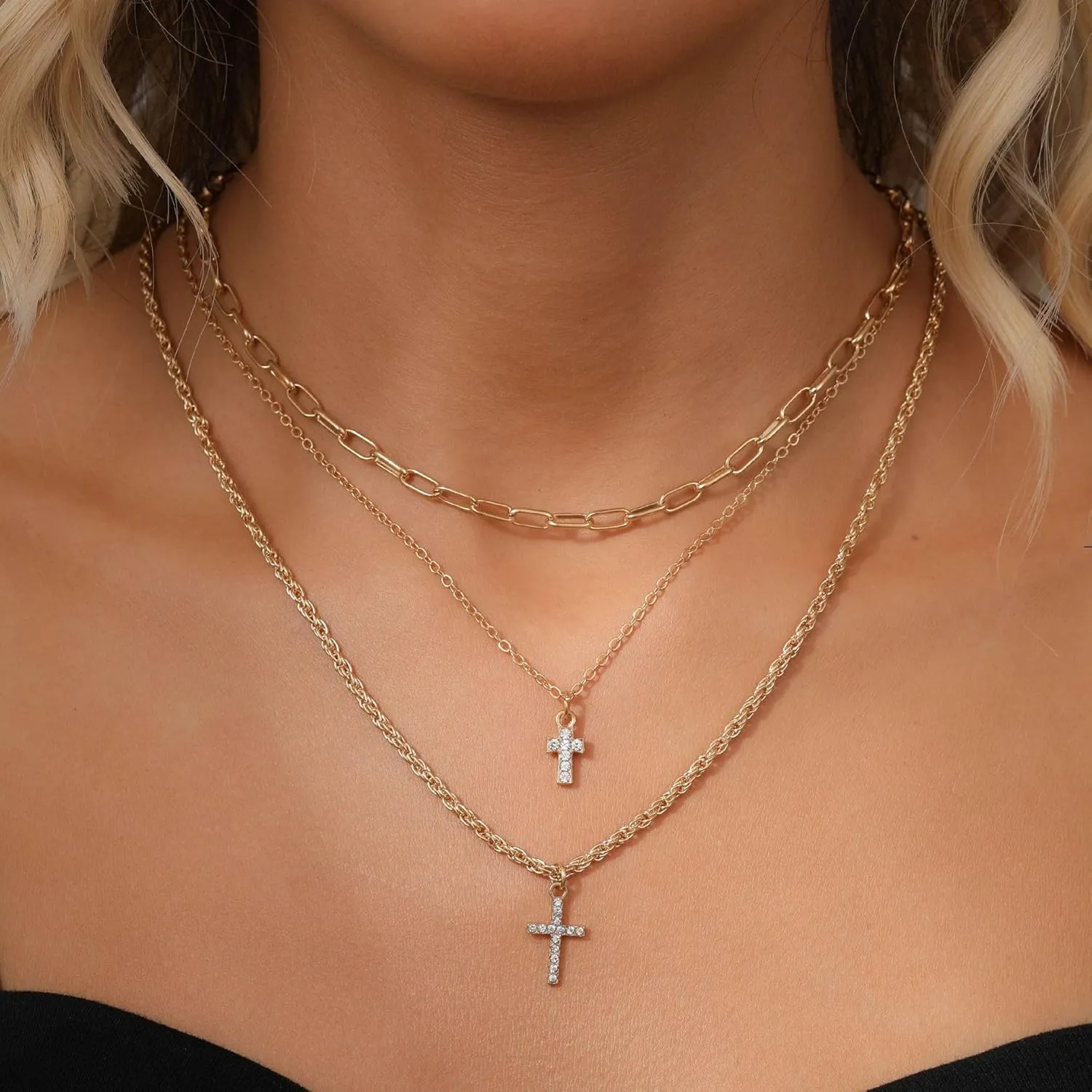 Layered Necklace for Women Dainty Gold Necklace Multilayer Stacking Double Cross Necklace Gold Y Pendant Necklace Charm Gold Cross Layered Necklace Simple Jewelry