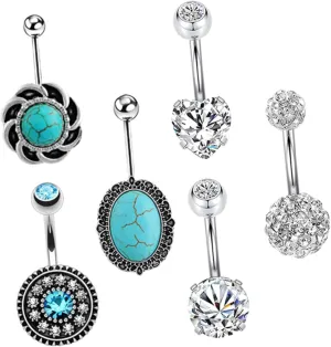LIFKOME 6pcs Unique Zircon Turquoise Navel Nail Belly Button Ring Stainless Steel Material