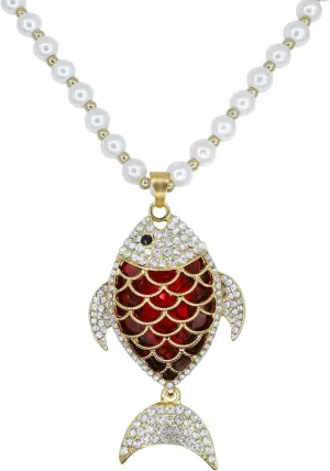 Long Crystal Fish Pearl Pendant Necklace for Women Rhinestone Animal Necklaces Pearl Beaded Necklaces Gold Sweater Statement Necklace Fashion Jewelry for Women