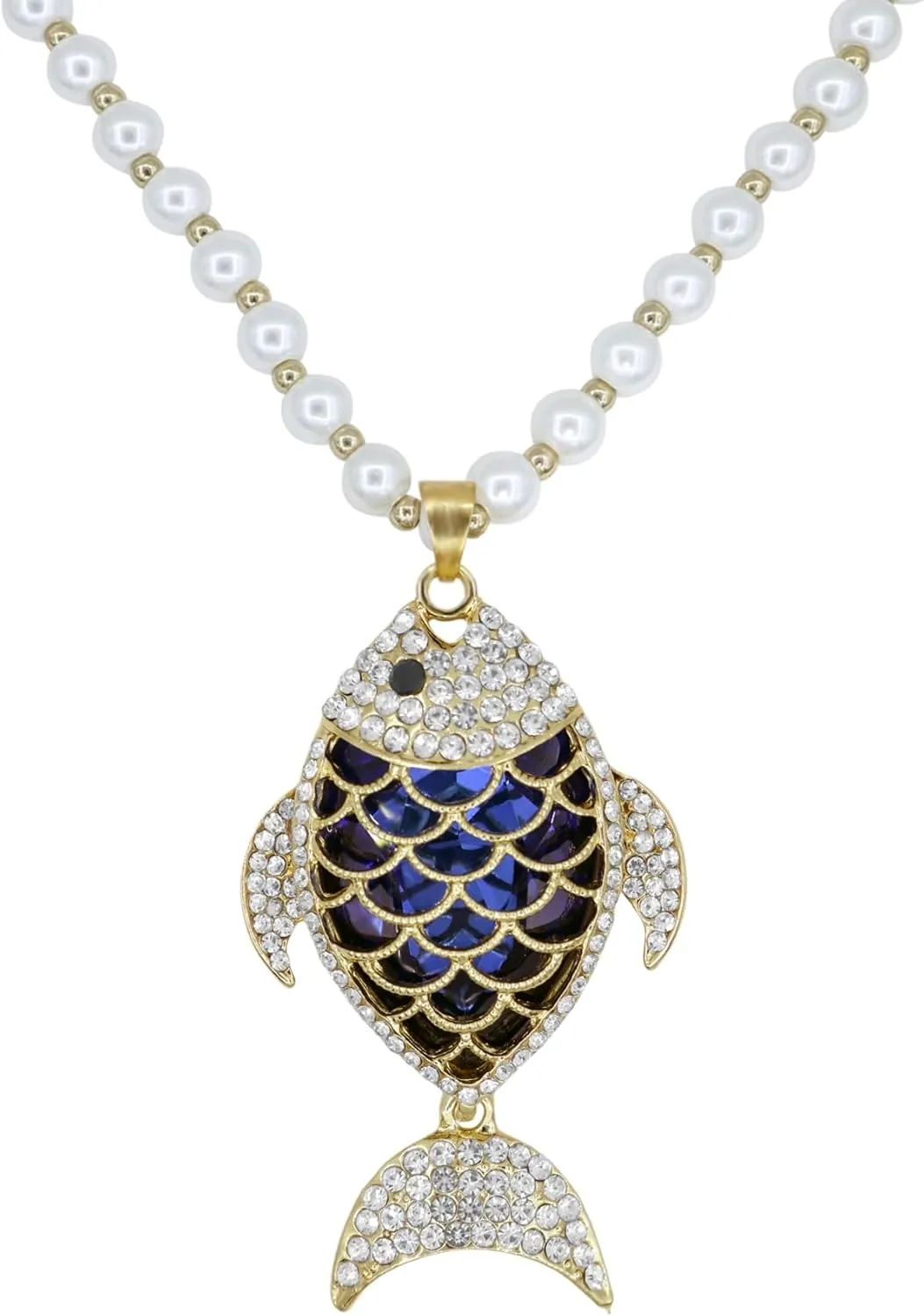 Long Crystal Fish Pearl Pendant Necklace for Women Rhinestone Animal Necklaces Pearl Beaded Necklaces Gold Sweater Statement Necklace Fashion Jewelry for Women