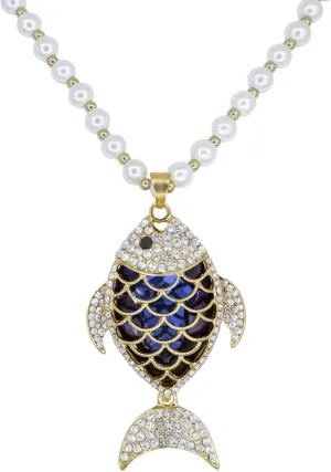 Long Crystal Fish Pearl Pendant Necklace for Women Rhinestone Animal Necklaces Pearl Beaded Necklaces Gold Sweater Statement Necklace Fashion Jewelry for Women