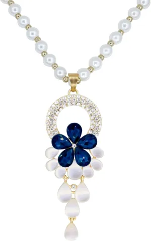 Long Crystal Flower Pearl Pendant Necklace for Women Rhinestone Floral Necklaces Pearl Beaded Necklaces Gold Sweater Statement Necklace Fashion Jewelry for Women