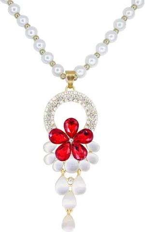 Long Crystal Flower Pearl Pendant Necklace for Women Rhinestone Floral Necklaces Pearl Beaded Necklaces Gold Sweater Statement Necklace Fashion Jewelry for Women