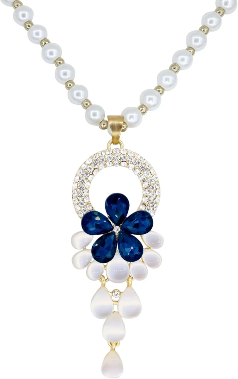 Long Crystal Flower Pearl Pendant Necklace for Women Rhinestone Floral Necklaces Pearl Beaded Necklaces Gold Sweater Statement Necklace Fashion Jewelry for Women