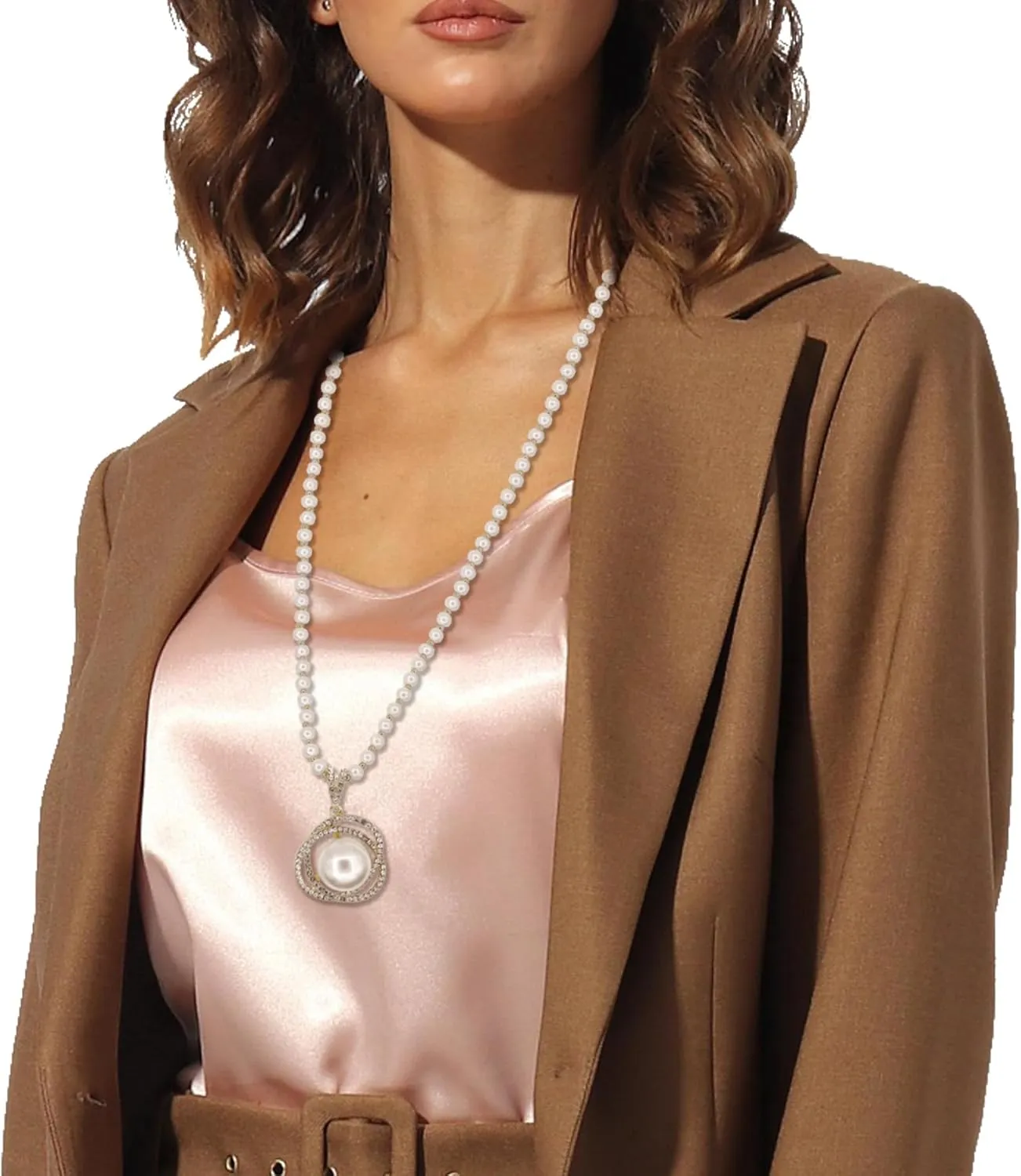 Long Crystal Round Pearl Pendant Necklace for Women Rhinestone Pearl Tassels Necklaces Pearl Beaded Necklaces Gold Silver Sweater Statement Necklace Fashion Jewelry for Women
