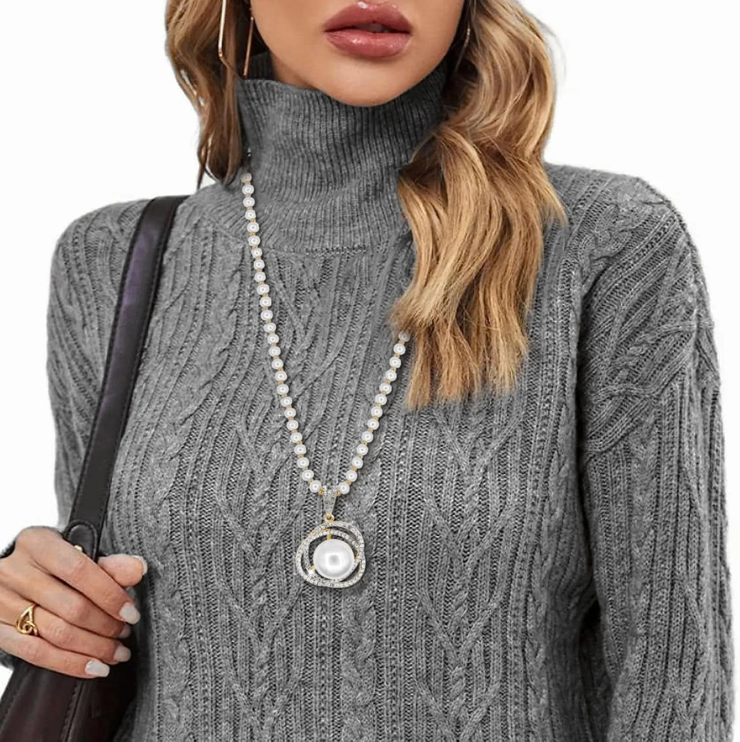 Long Crystal Round Pearl Pendant Necklace for Women Rhinestone Pearl Tassels Necklaces Pearl Beaded Necklaces Gold Silver Sweater Statement Necklace Fashion Jewelry for Women