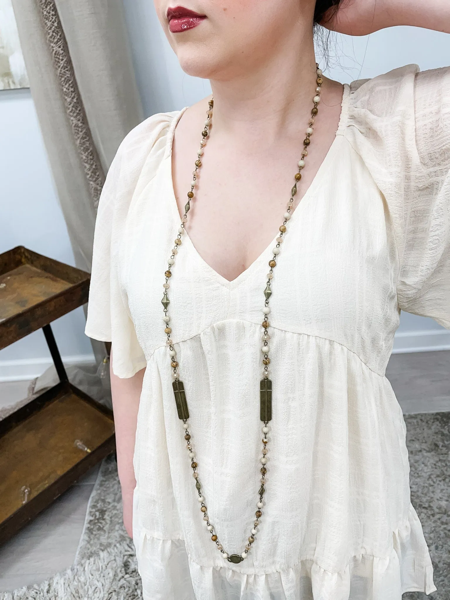 Long Natural Stone Necklace with Cross Accents