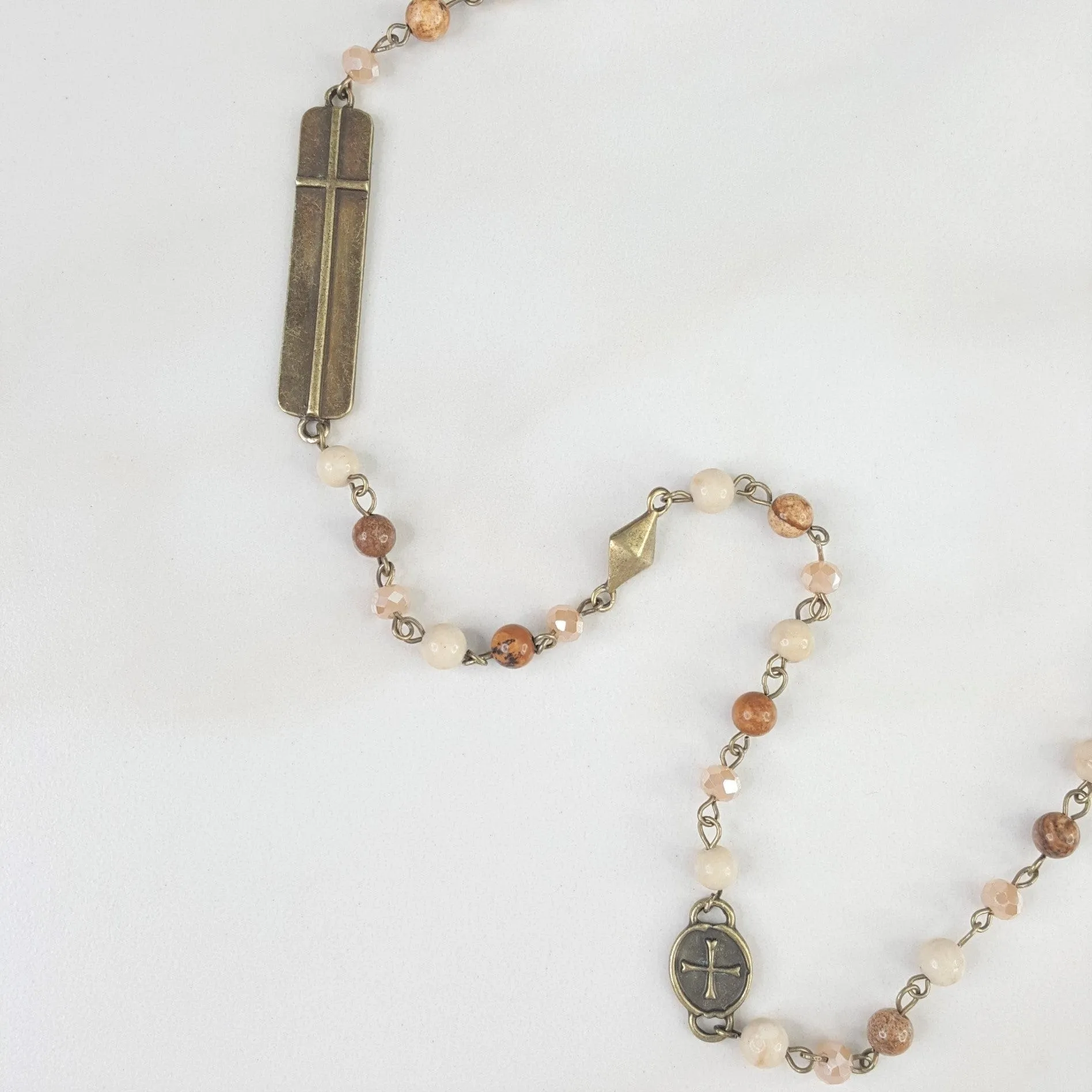 Long Natural Stone Necklace with Cross Accents