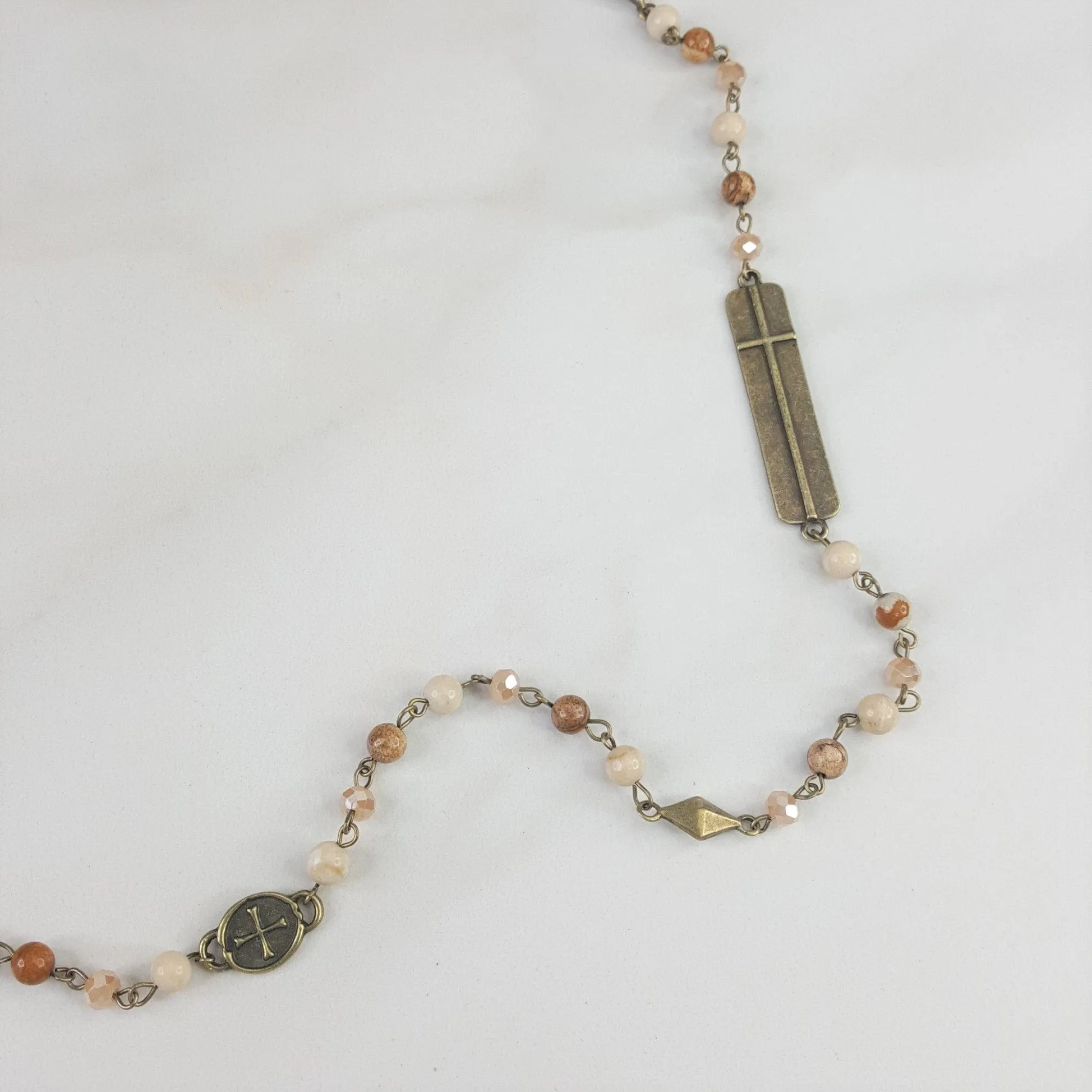 Long Natural Stone Necklace with Cross Accents