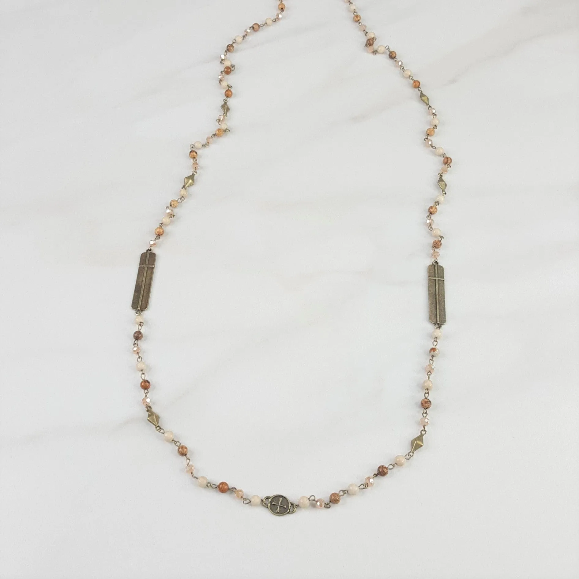 Long Natural Stone Necklace with Cross Accents