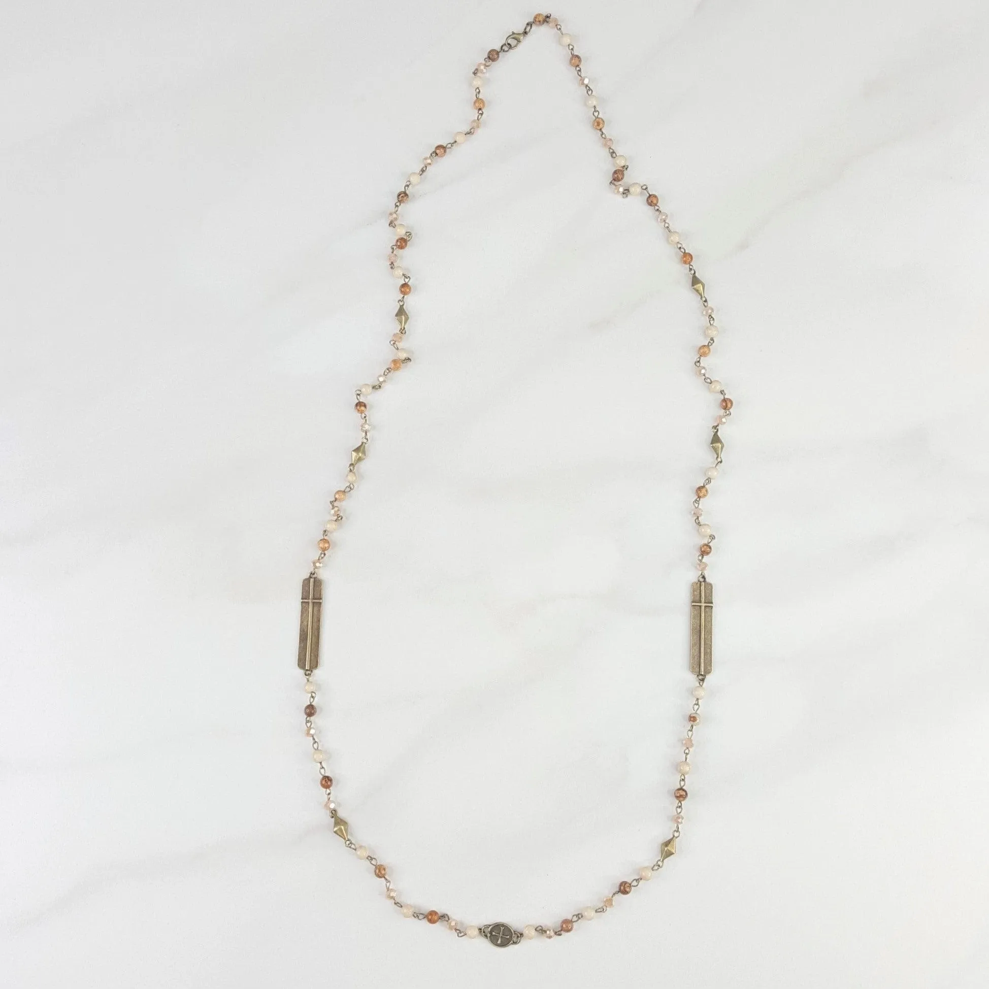Long Natural Stone Necklace with Cross Accents