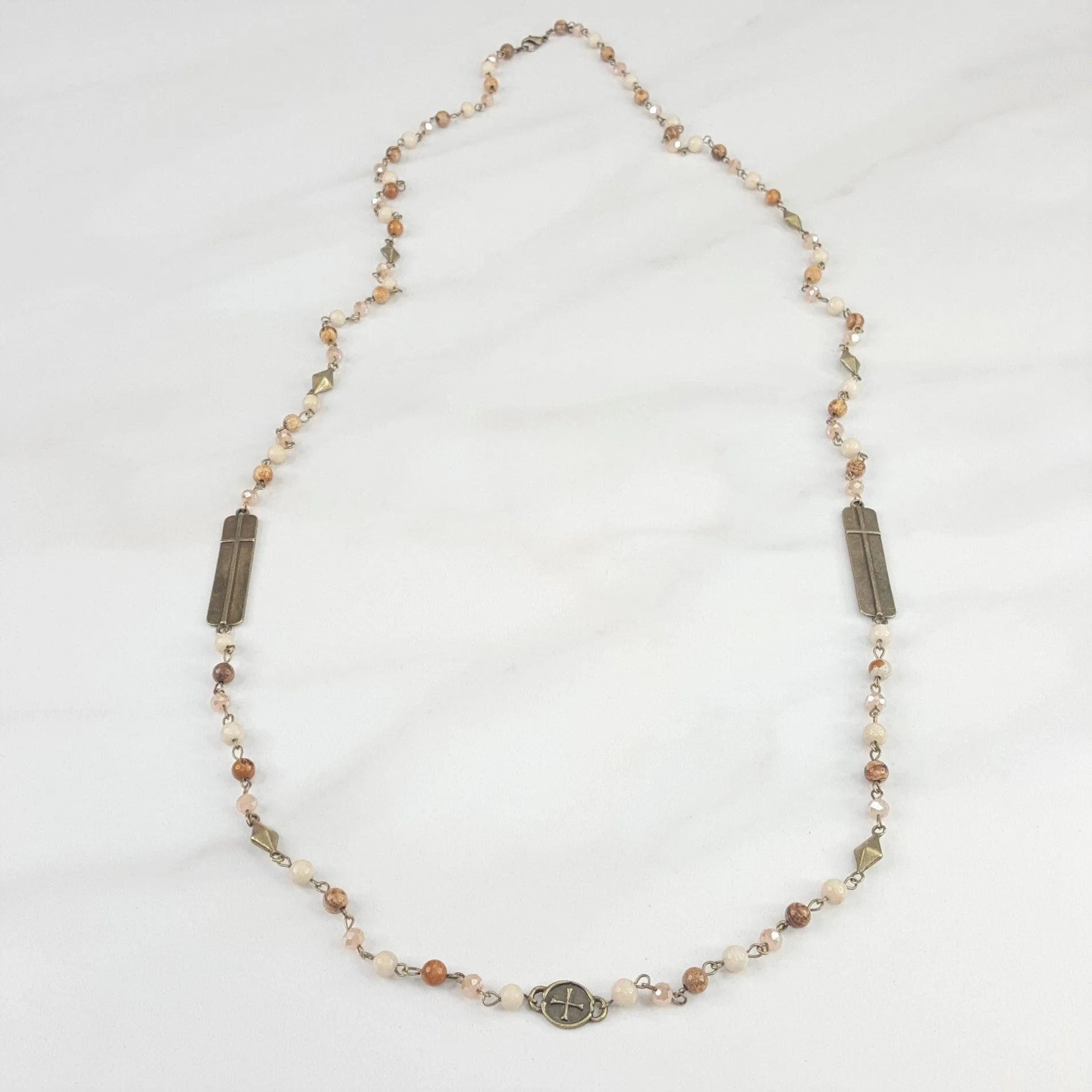 Long Natural Stone Necklace with Cross Accents