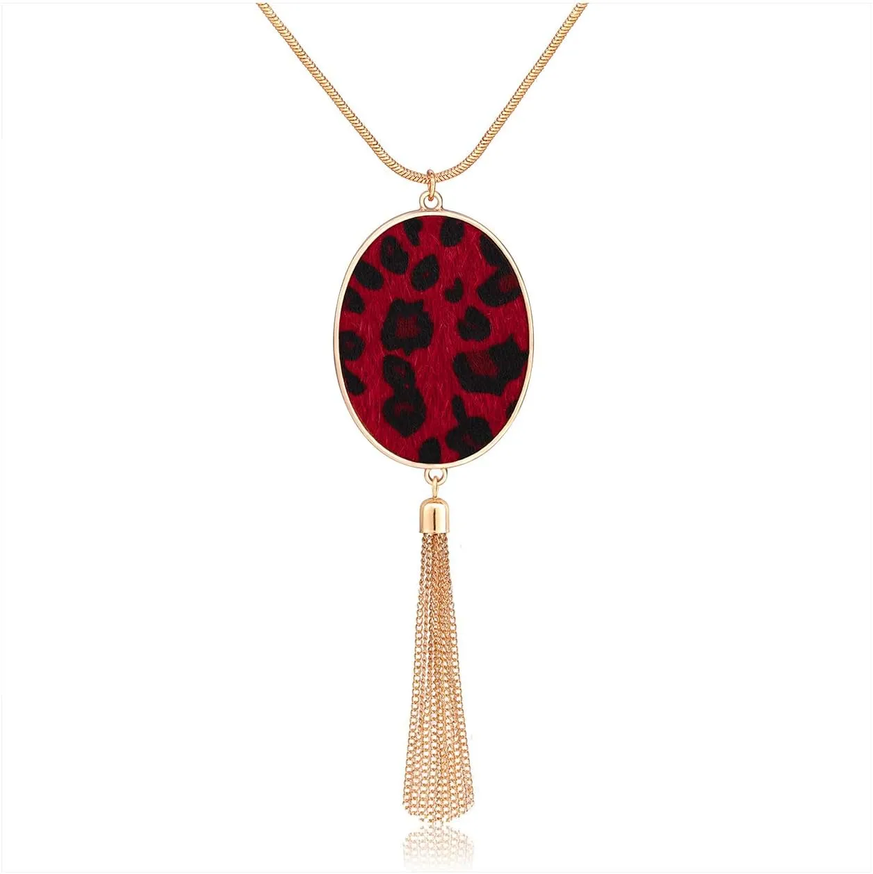 Long Necklaces for Women Statement Leopard Snakeskin Fur Pattern Necklace Oval Leather Pendant Necklaces Jewelry